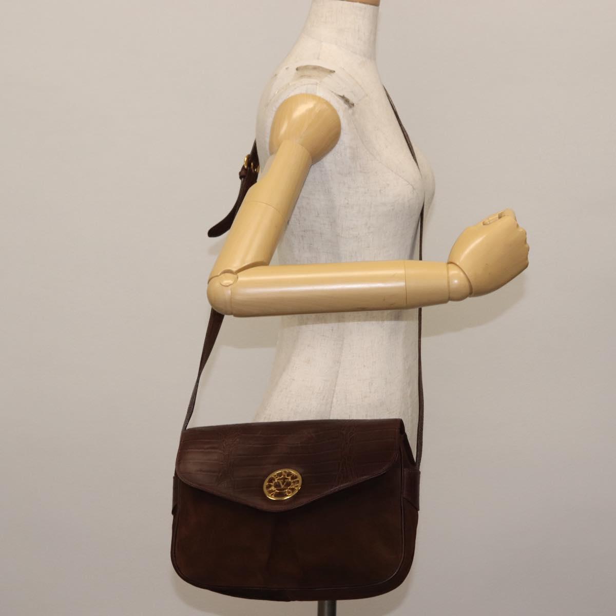 VALENTINO Embossing Shoulder Bag Suede Leather Brown Gold Auth BA6617