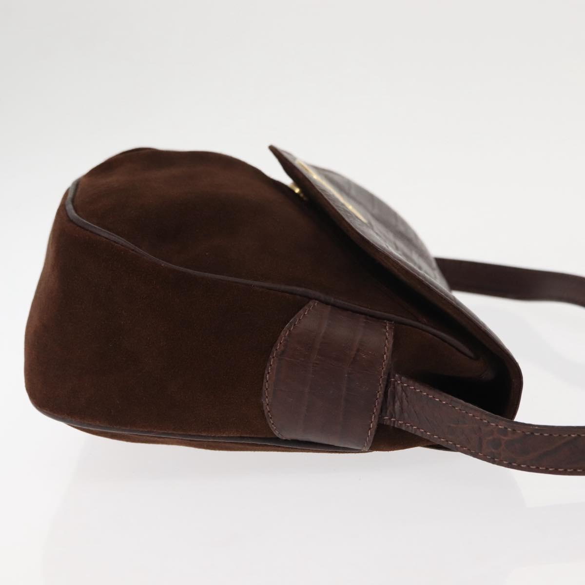 VALENTINO Embossing Shoulder Bag Suede Leather Brown Gold Auth BA6617