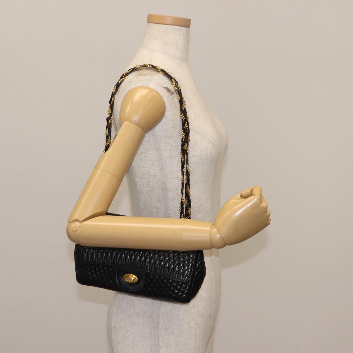 BALLY Chain Shoulder Bag Leather Black Gold Auth BA6624