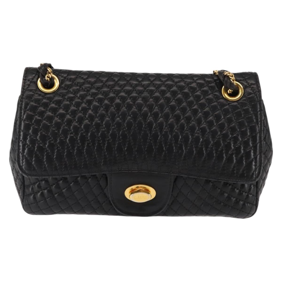 BALLY Chain Shoulder Bag Leather Black Gold Auth BA6624