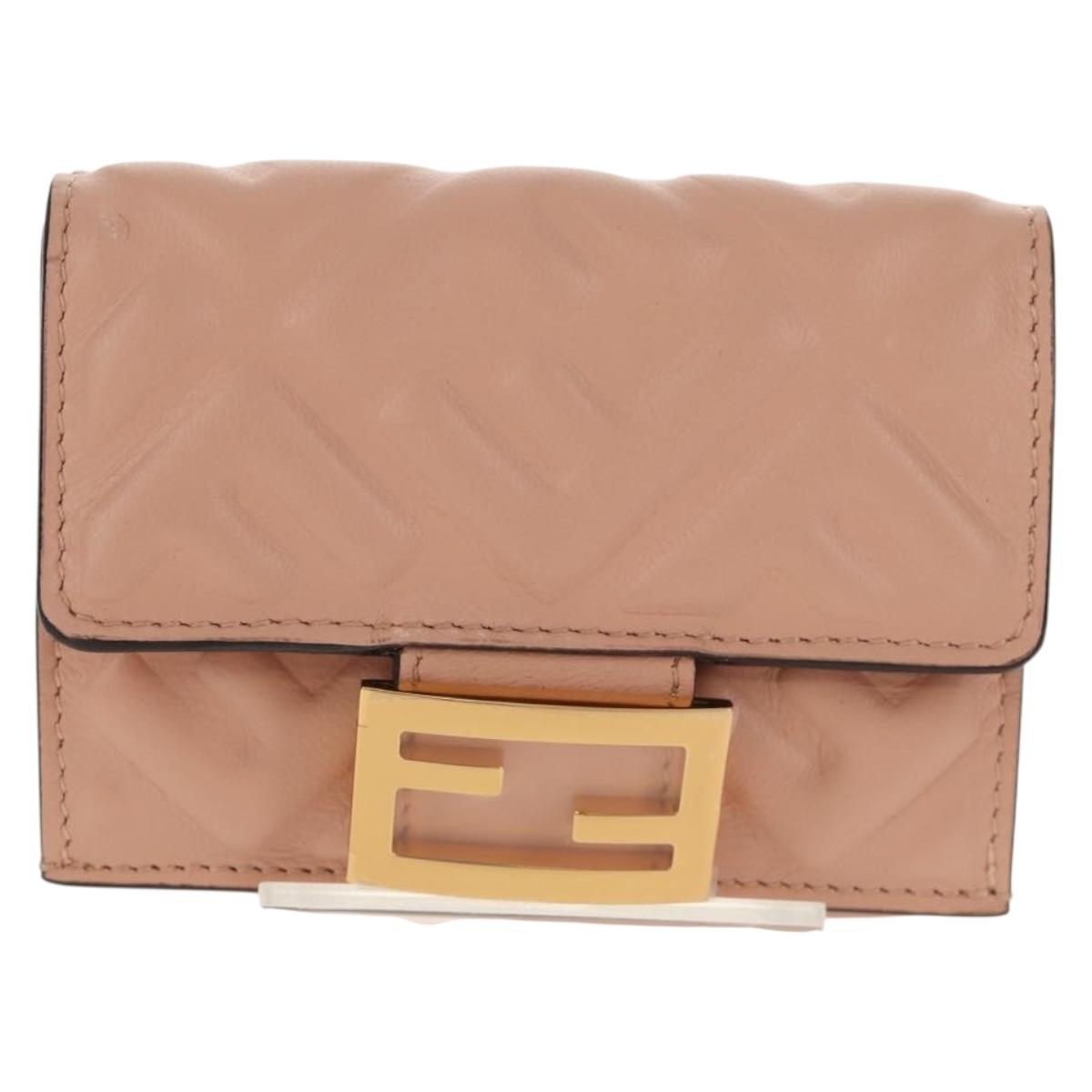 FENDI Zucca Canvas Trifold Wallet Leather Pink Gold Auth BA6630M