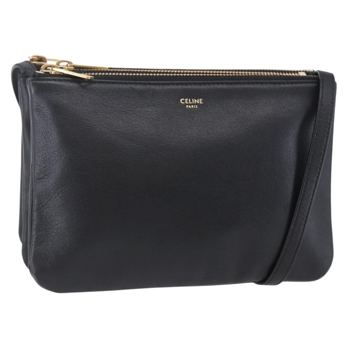 CELINE Trio Small Shoulder Bag Leather Black Gold Auth BA6727