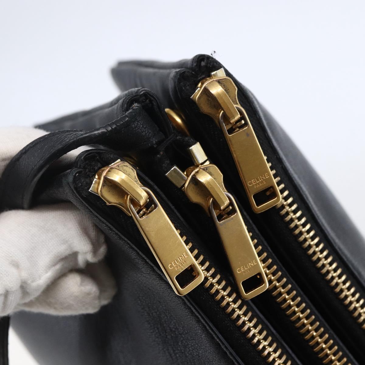 CELINE Trio Small Shoulder Bag Leather Black Gold Auth BA6727