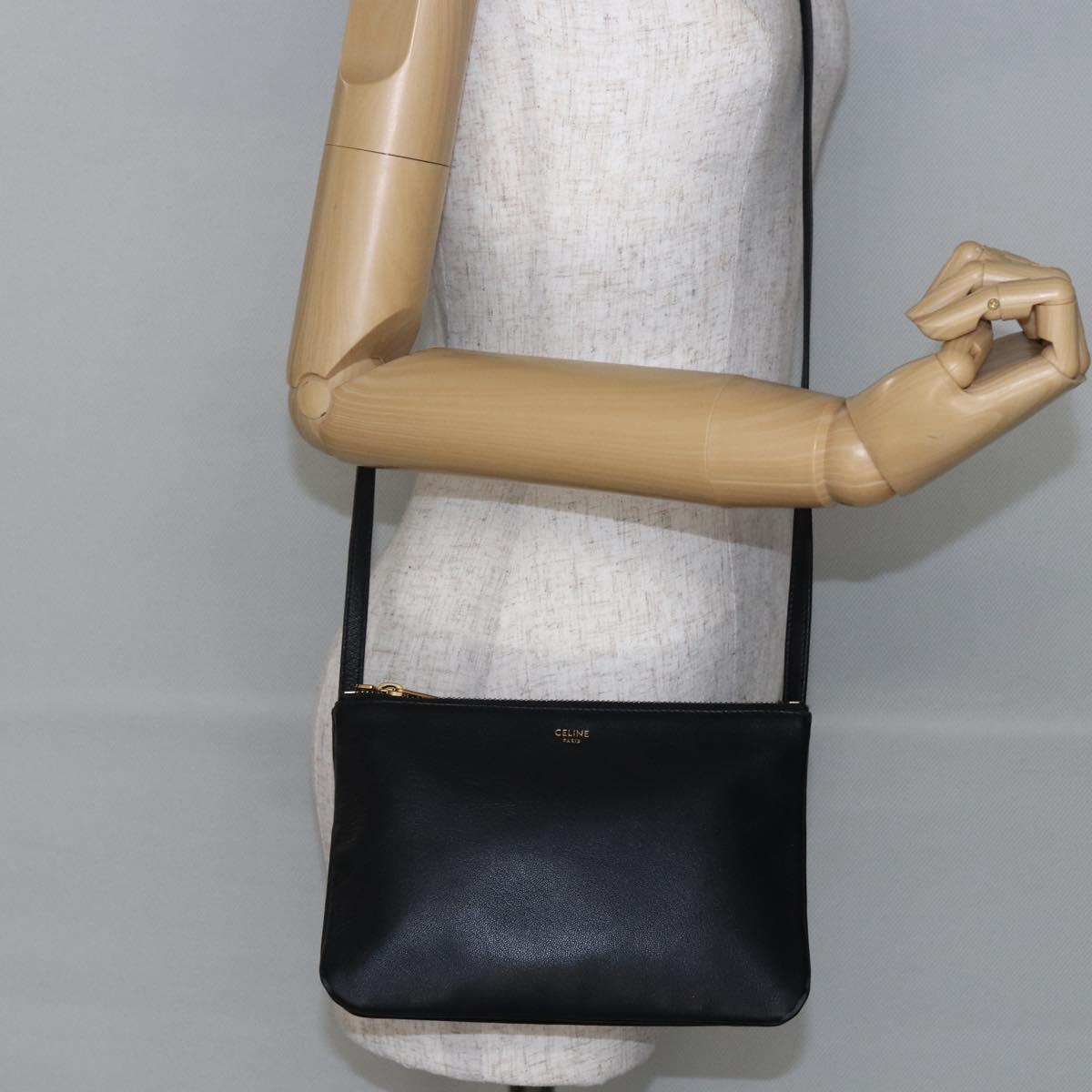 CELINE Trio Small Shoulder Bag Leather Black Gold Auth BA6727