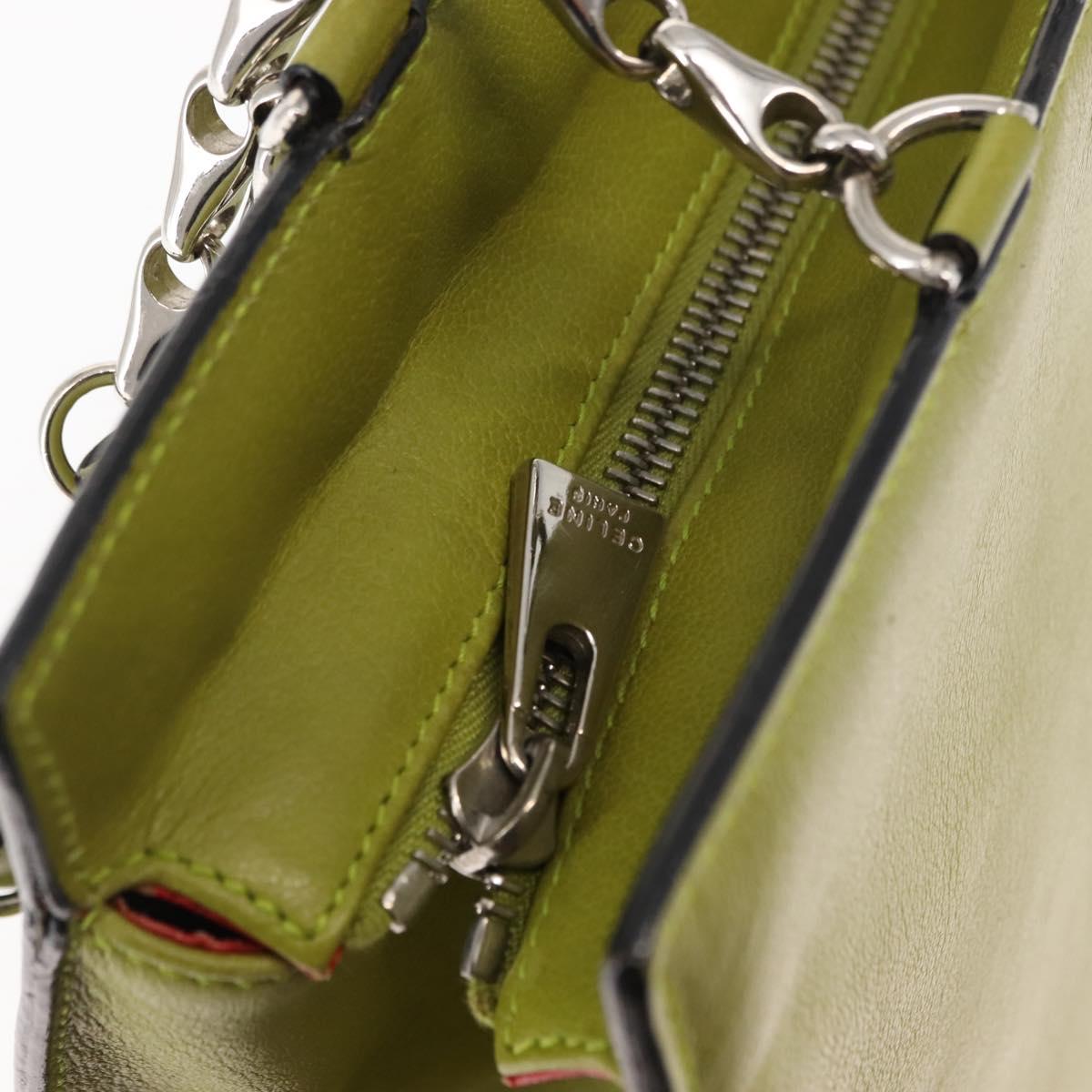 CELINE Shoulder Bag Leather Green Silver Auth BA6730