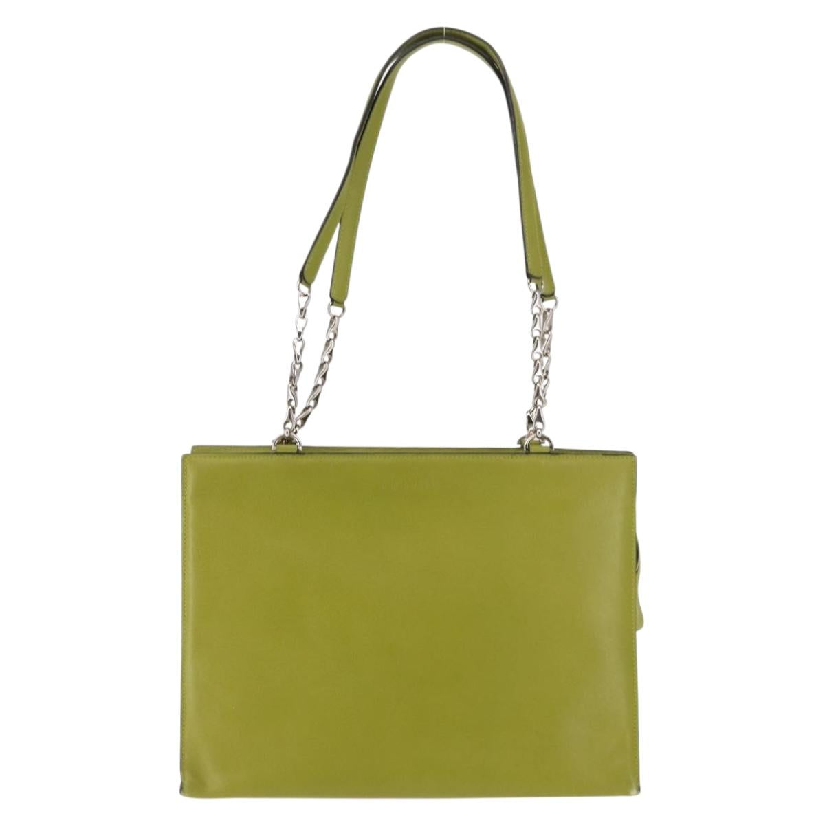 CELINE Shoulder Bag Leather Green Silver Auth BA6730