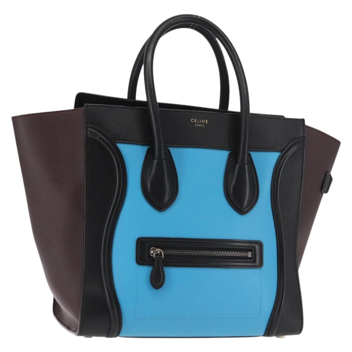 CELINE Luggage Mini Shopper Hand Bag Leather Black Blue Auth BA6731