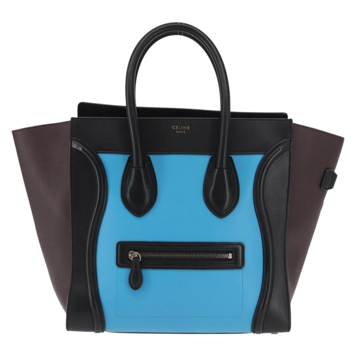 CELINE Luggage Mini Shopper Hand Bag Leather Black Blue Auth BA6731