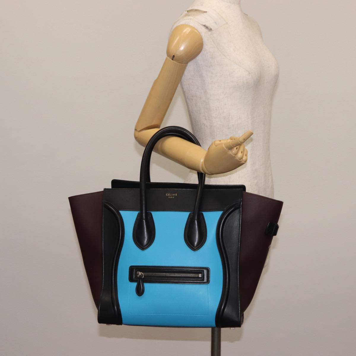 CELINE Luggage Mini Shopper Hand Bag Leather Black Blue Auth BA6731