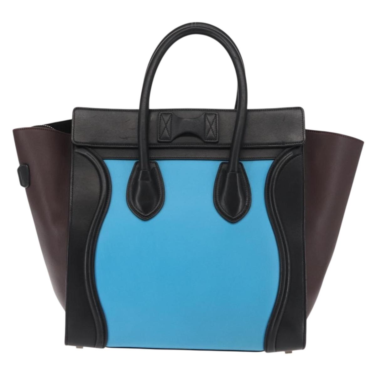 CELINE Luggage Mini Shopper Hand Bag Leather Black Blue Auth BA6731
