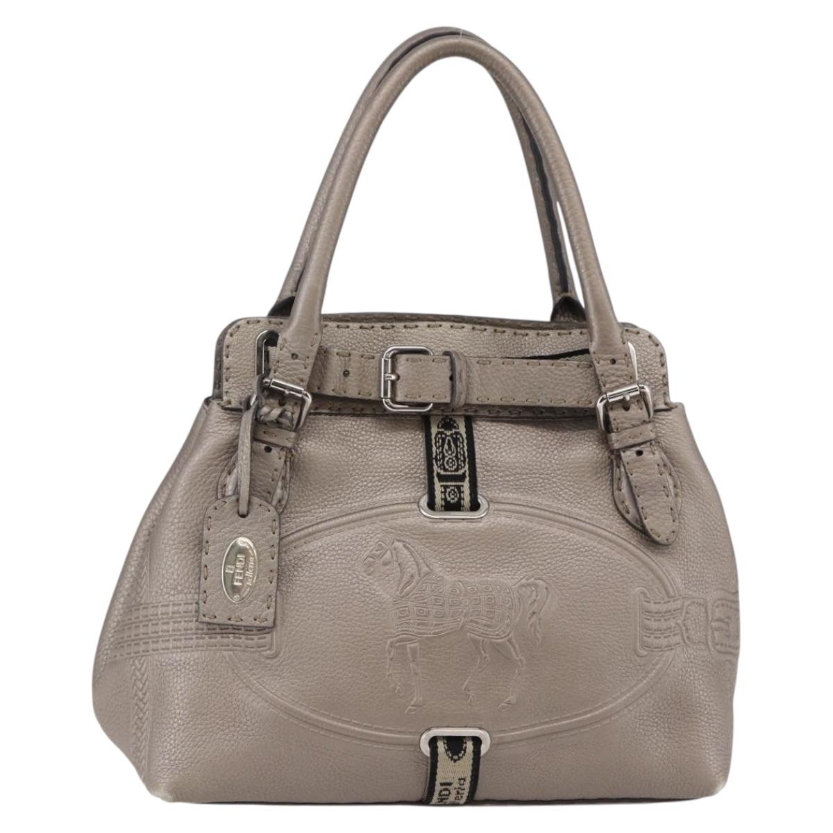 FENDI Celeria Villa Borghese Hand Bag Leather Beige Silver Auth BA6736