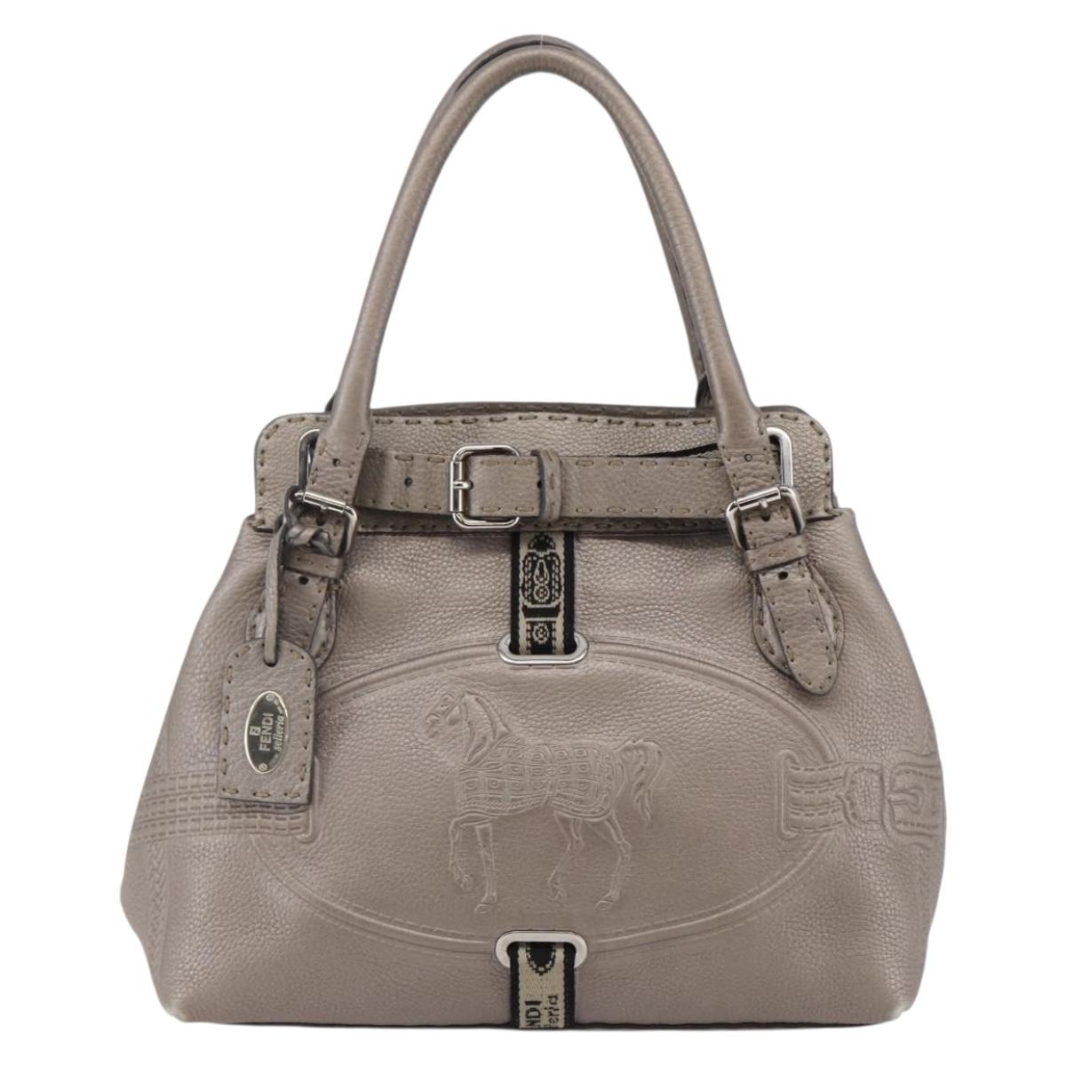FENDI Celeria Villa Borghese Hand Bag Leather Beige Silver Auth BA6736