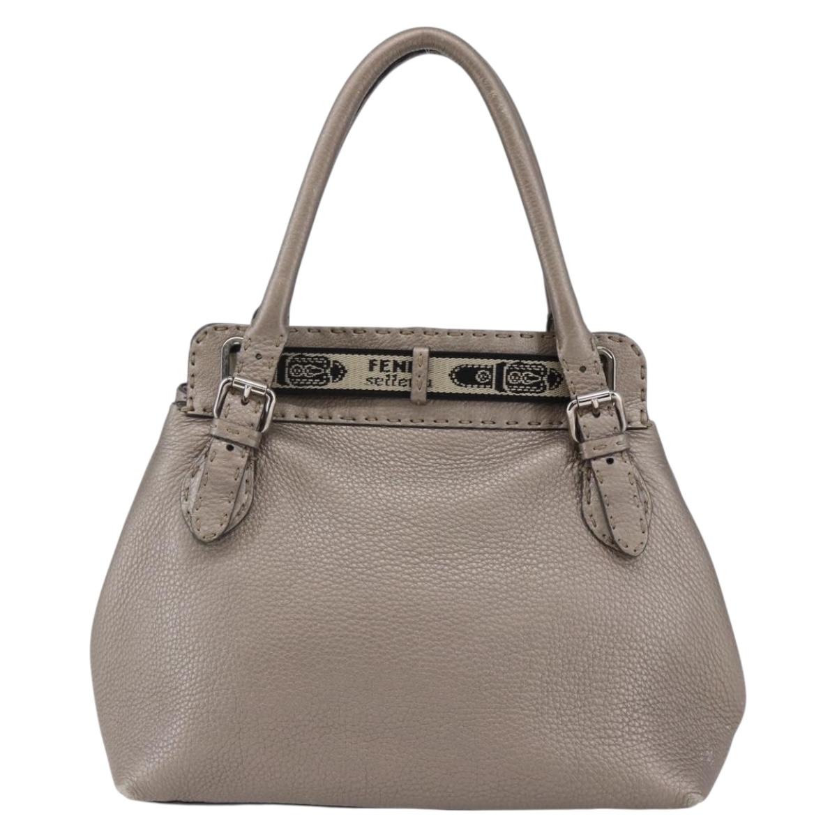FENDI Celeria Villa Borghese Hand Bag Leather Beige Silver Auth BA6736