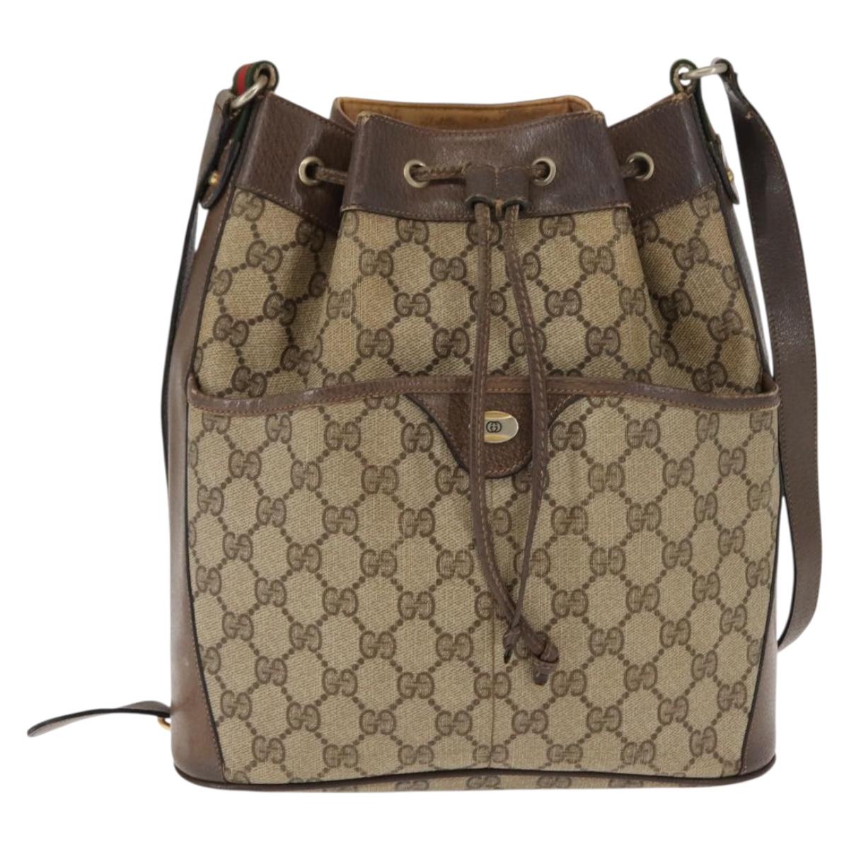 GUCCI GG Canvas Web Sherry Line Shoulder Bag PVC Leather Beige Green Auth BA6758