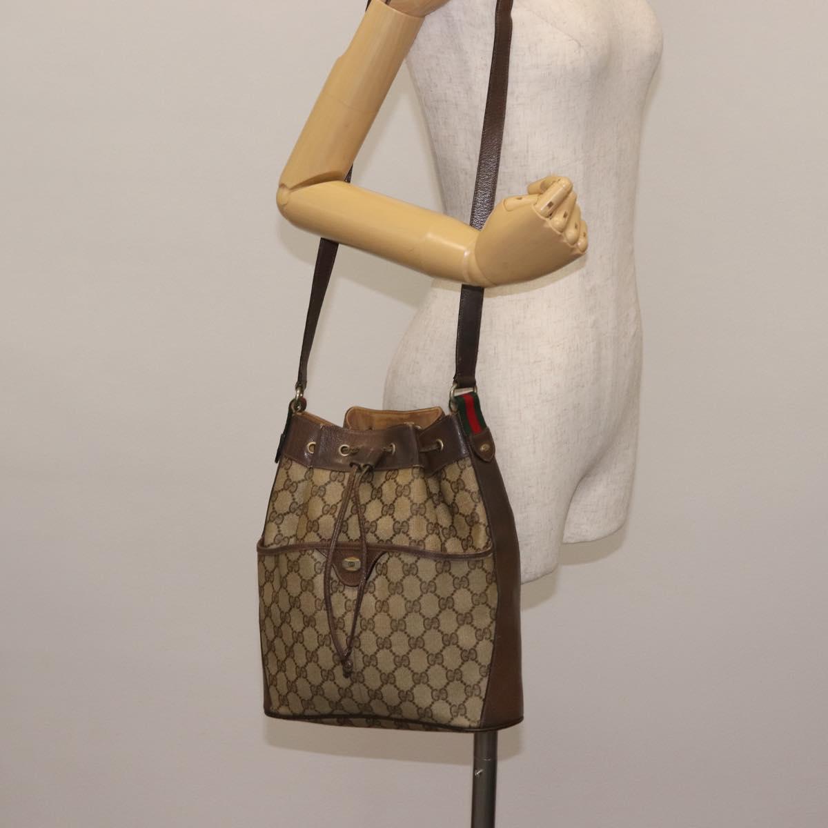 GUCCI GG Canvas Web Sherry Line Shoulder Bag PVC Leather Beige Green Auth BA6758