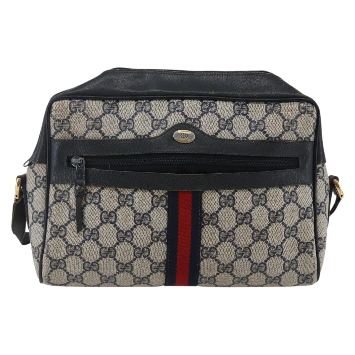 GUCCI GG Canvas Sherry Line Shoulder Bag PVC Leather Navy Red Auth BA6760