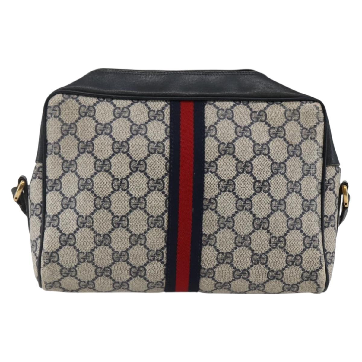 GUCCI GG Canvas Sherry Line Shoulder Bag PVC Leather Navy Red Auth BA6760