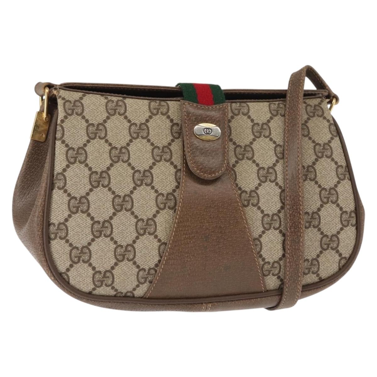 GUCCI GG Canvas Web Sherry Line Shoulder Bag PVC Leather Beige Green Auth BA6763