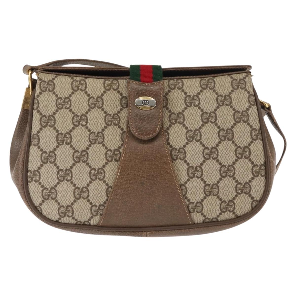 GUCCI GG Canvas Web Sherry Line Shoulder Bag PVC Leather Beige Green Auth BA6763
