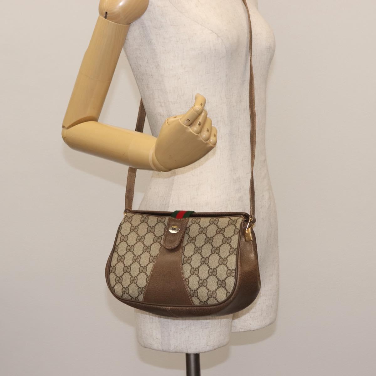 GUCCI GG Canvas Web Sherry Line Shoulder Bag PVC Leather Beige Green Auth BA6763