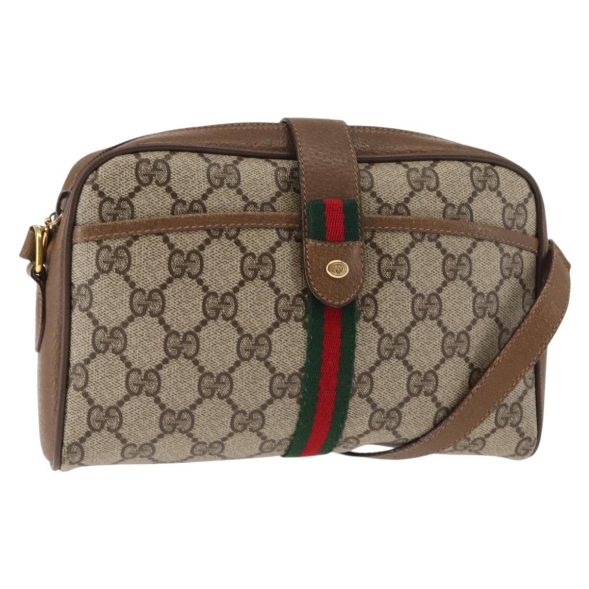 GUCCI GG Canvas Web Sherry Line Shoulder Bag PVC Leather Beige Green Auth BA6764