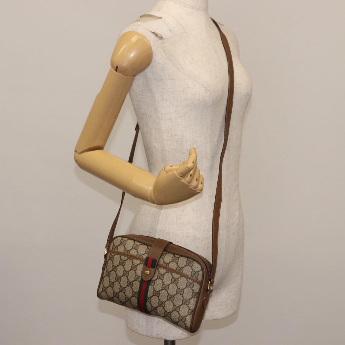 GUCCI GG Canvas Web Sherry Line Shoulder Bag PVC Leather Beige Green Auth BA6764