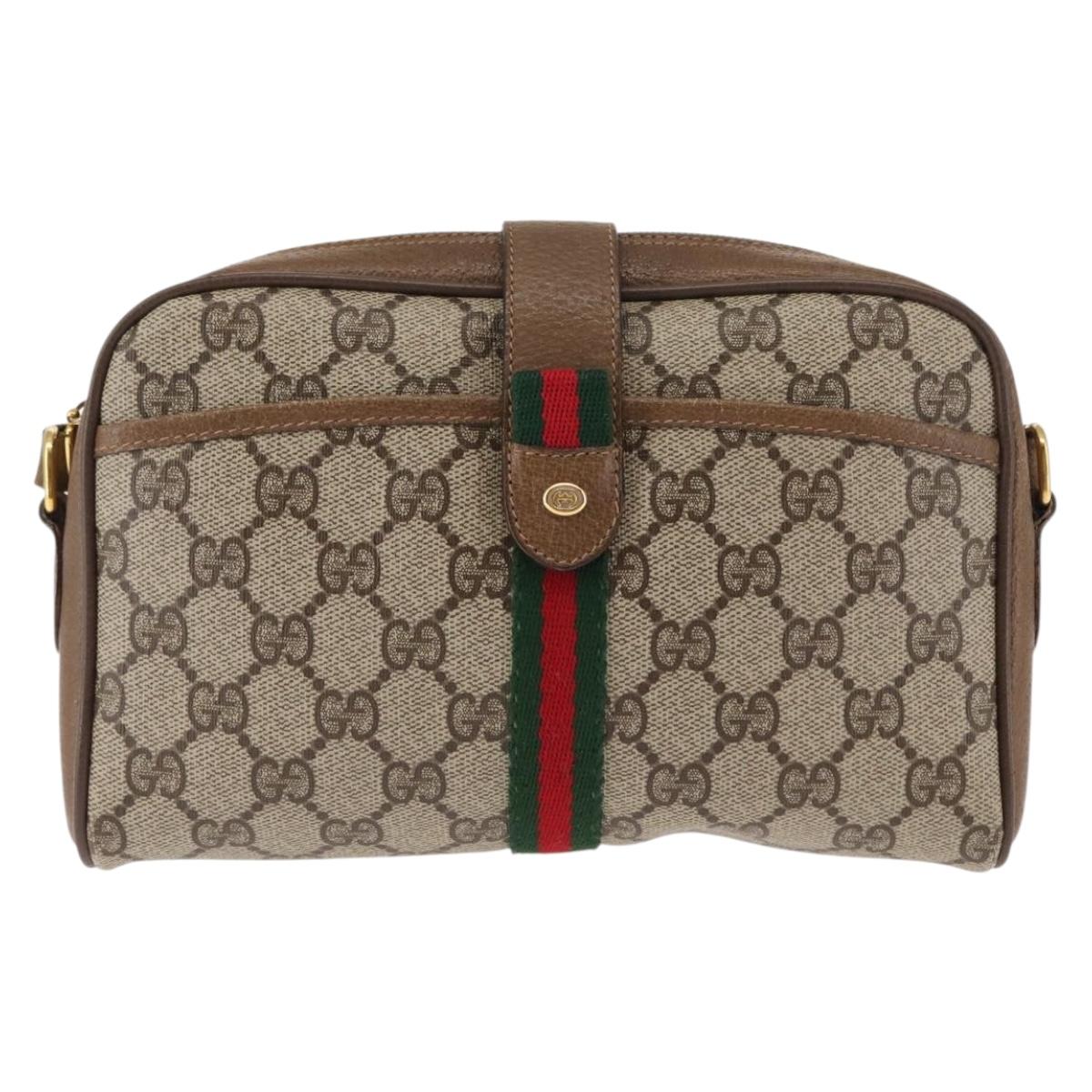 GUCCI GG Canvas Web Sherry Line Shoulder Bag PVC Leather Beige Green Auth BA6764