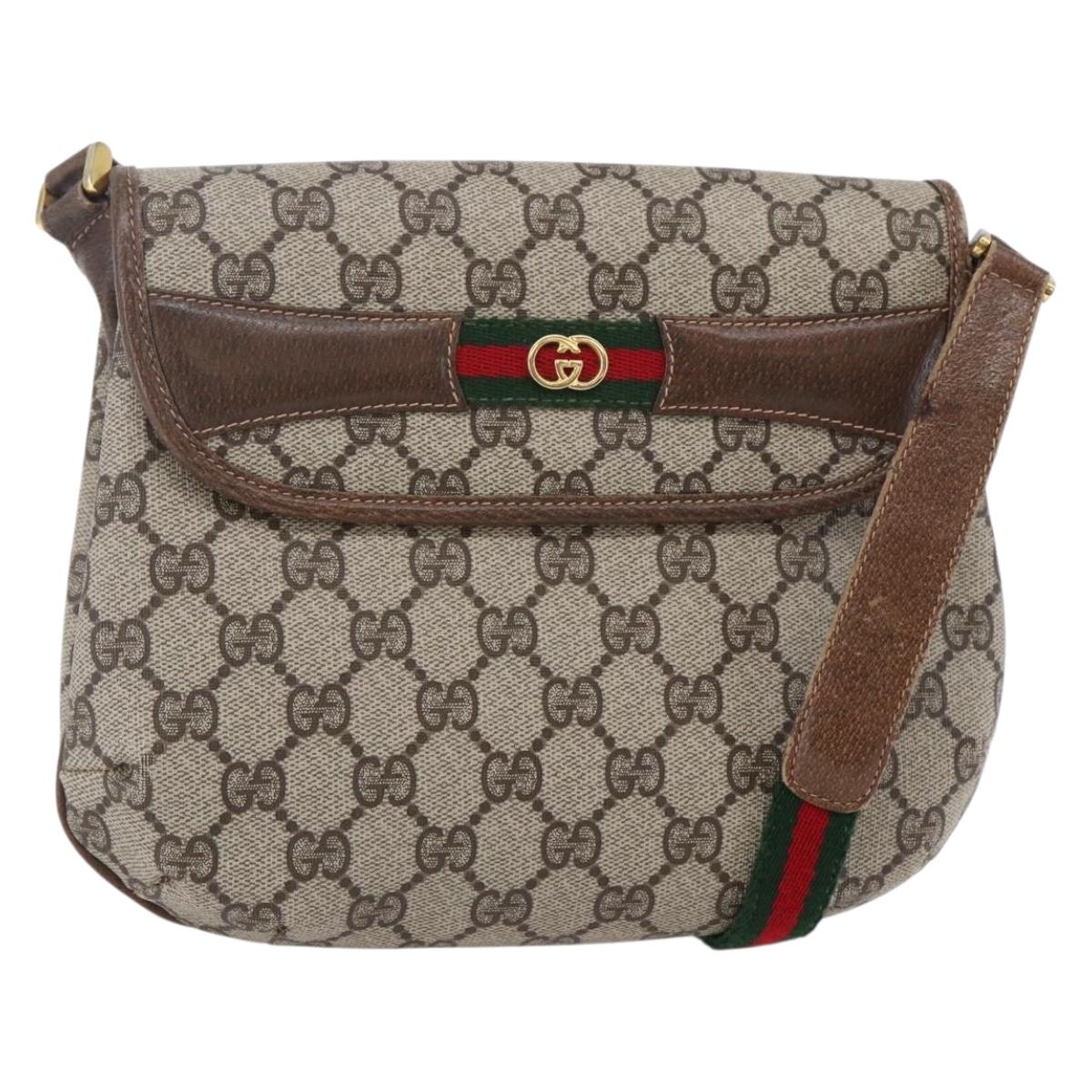 GUCCI GG Canvas Web Sherry Line Shoulder Bag PVC Leather Beige Green Auth BA6766