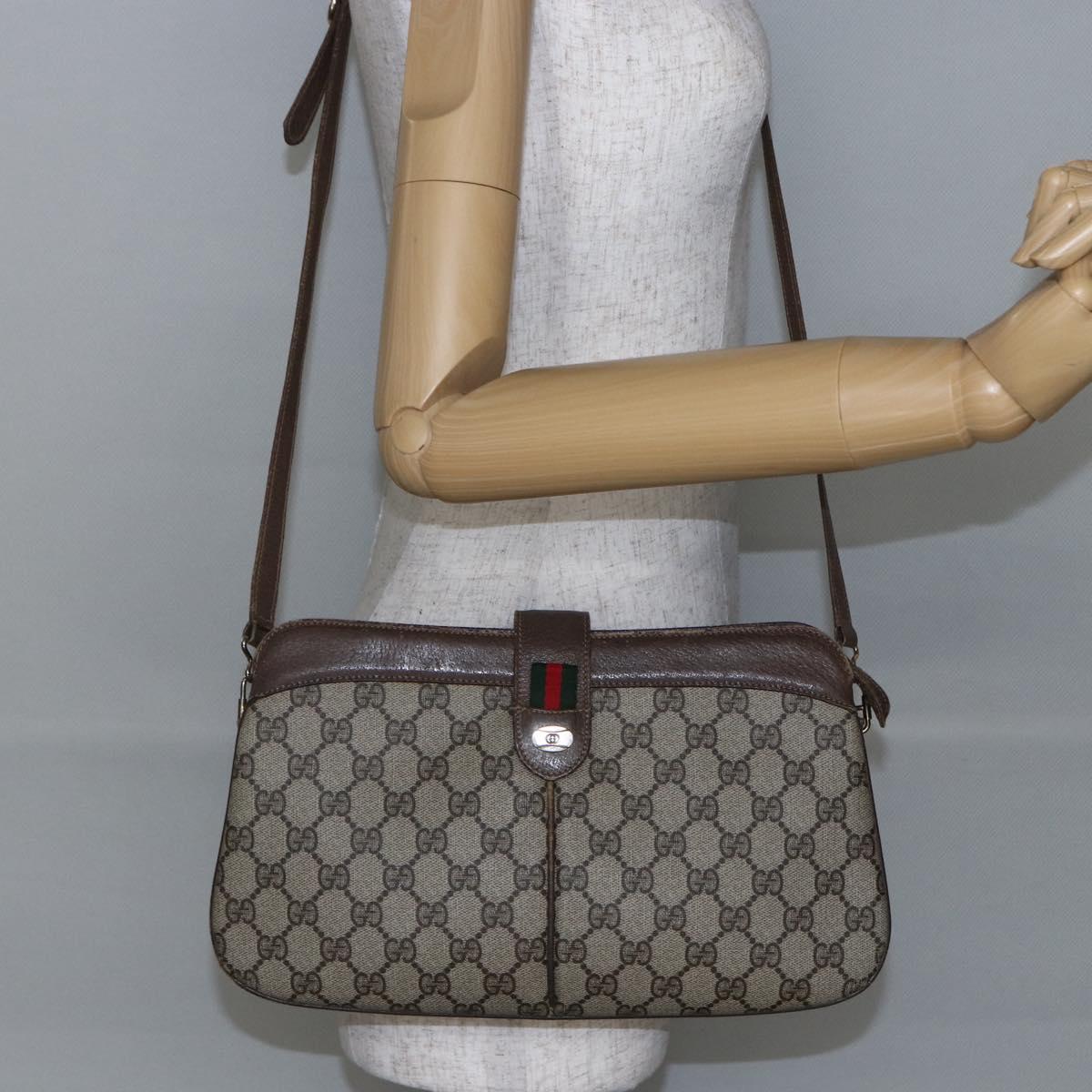 GUCCI GG Canvas Web Sherry Line Shoulder Bag PVC Leather Beige Green Auth BA6767