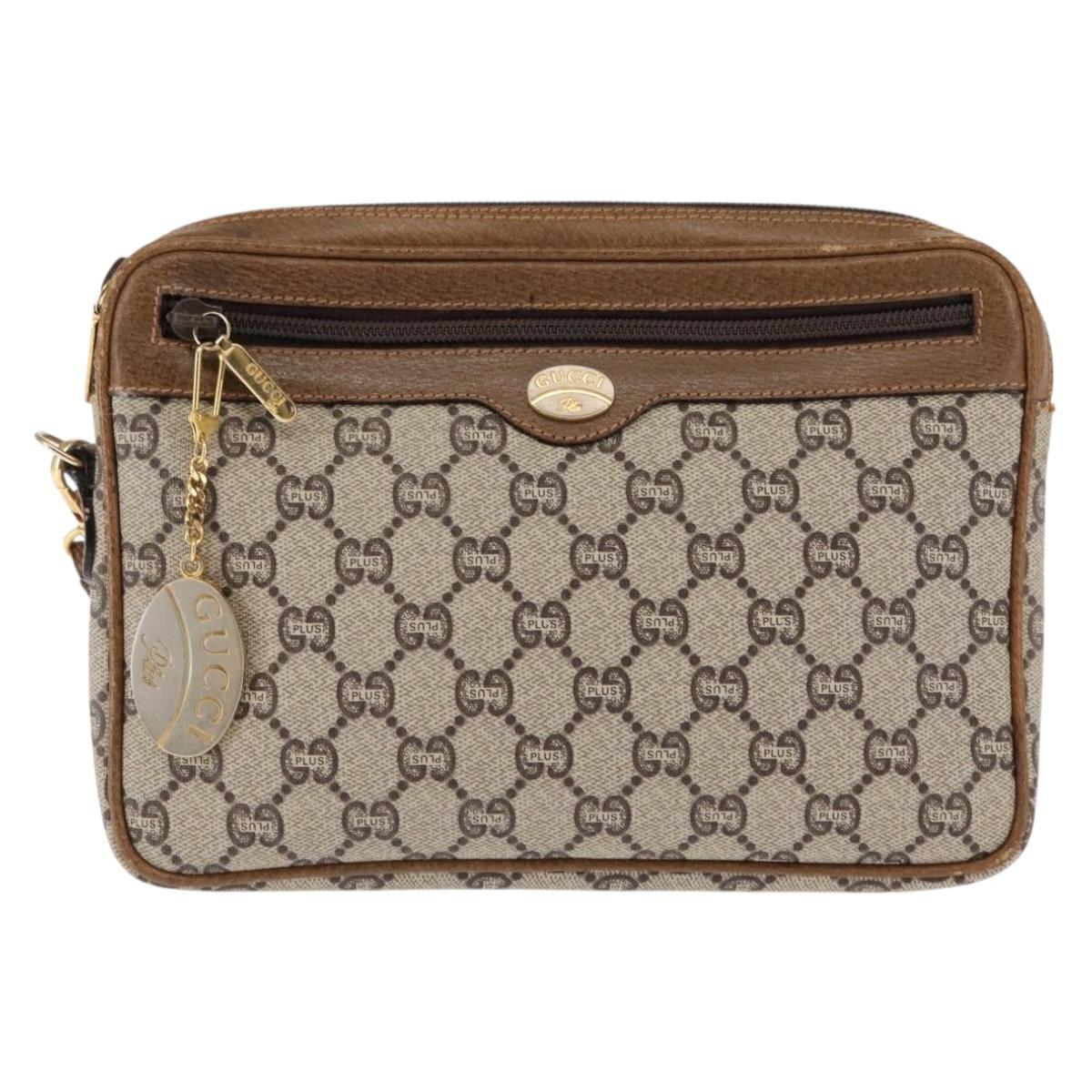 GUCCI GG PLUS Canvas Clutch Bag PVC Leather Beige Auth BA6769