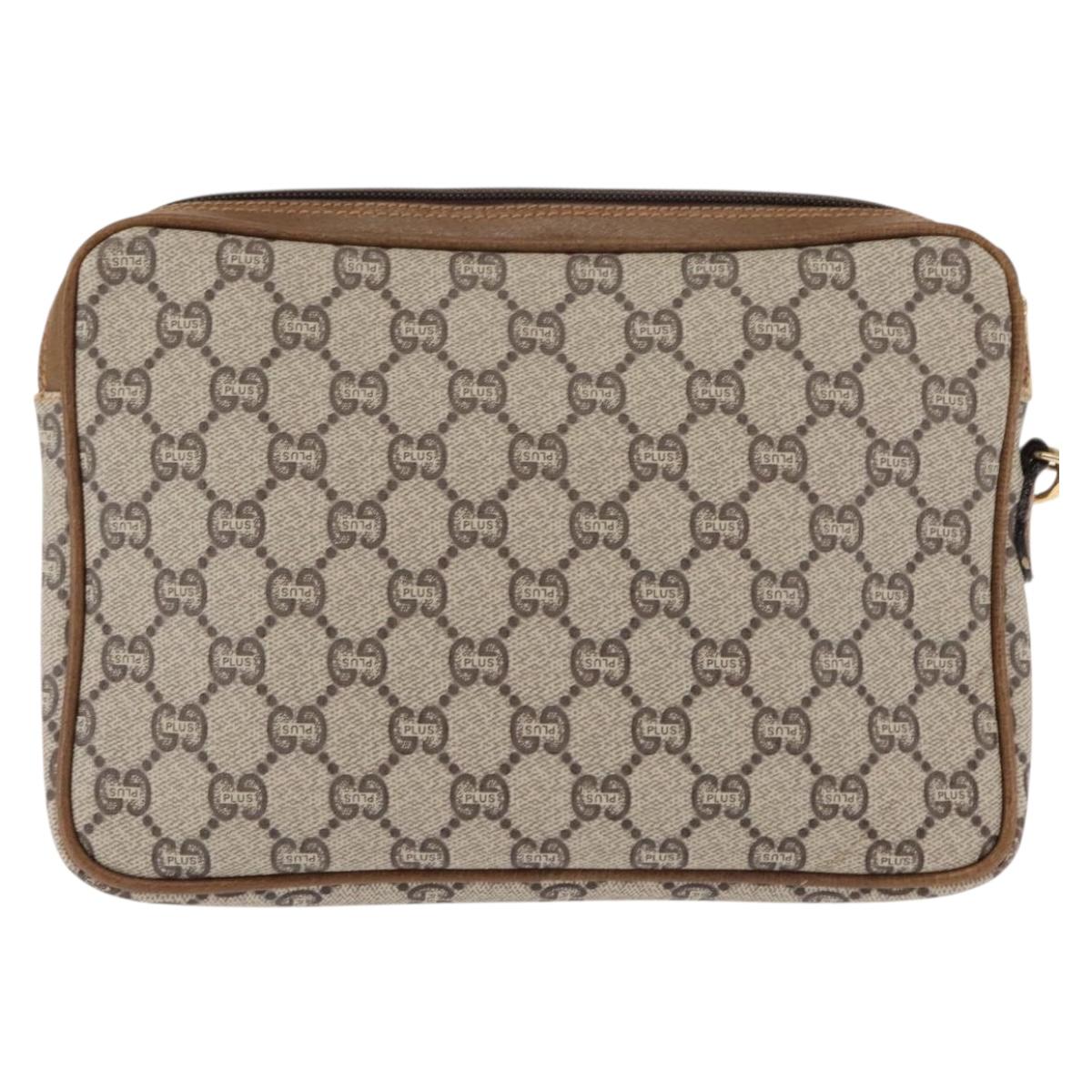 GUCCI GG PLUS Canvas Clutch Bag PVC Leather Beige Auth BA6769