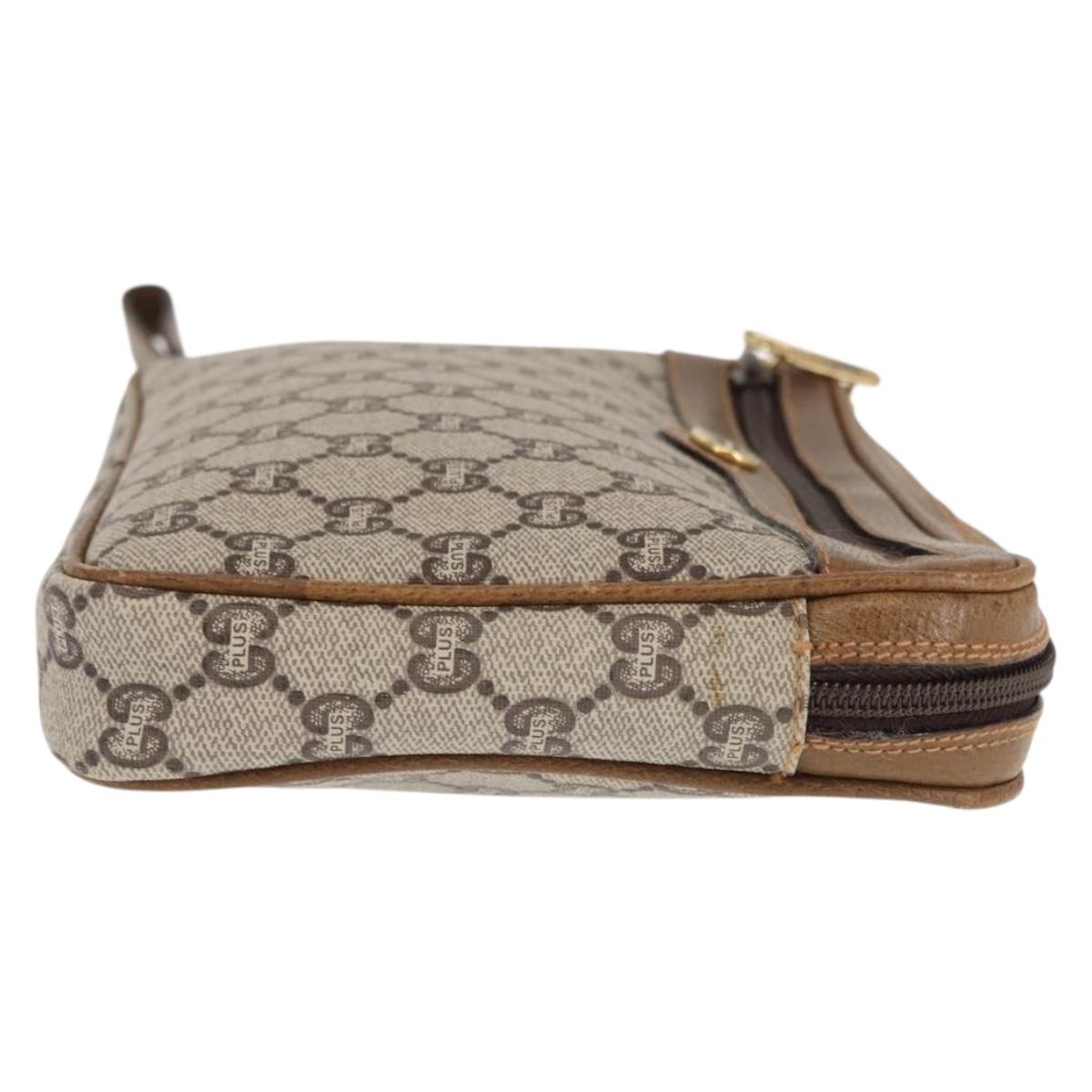 GUCCI GG PLUS Canvas Clutch Bag PVC Leather Beige Auth BA6769