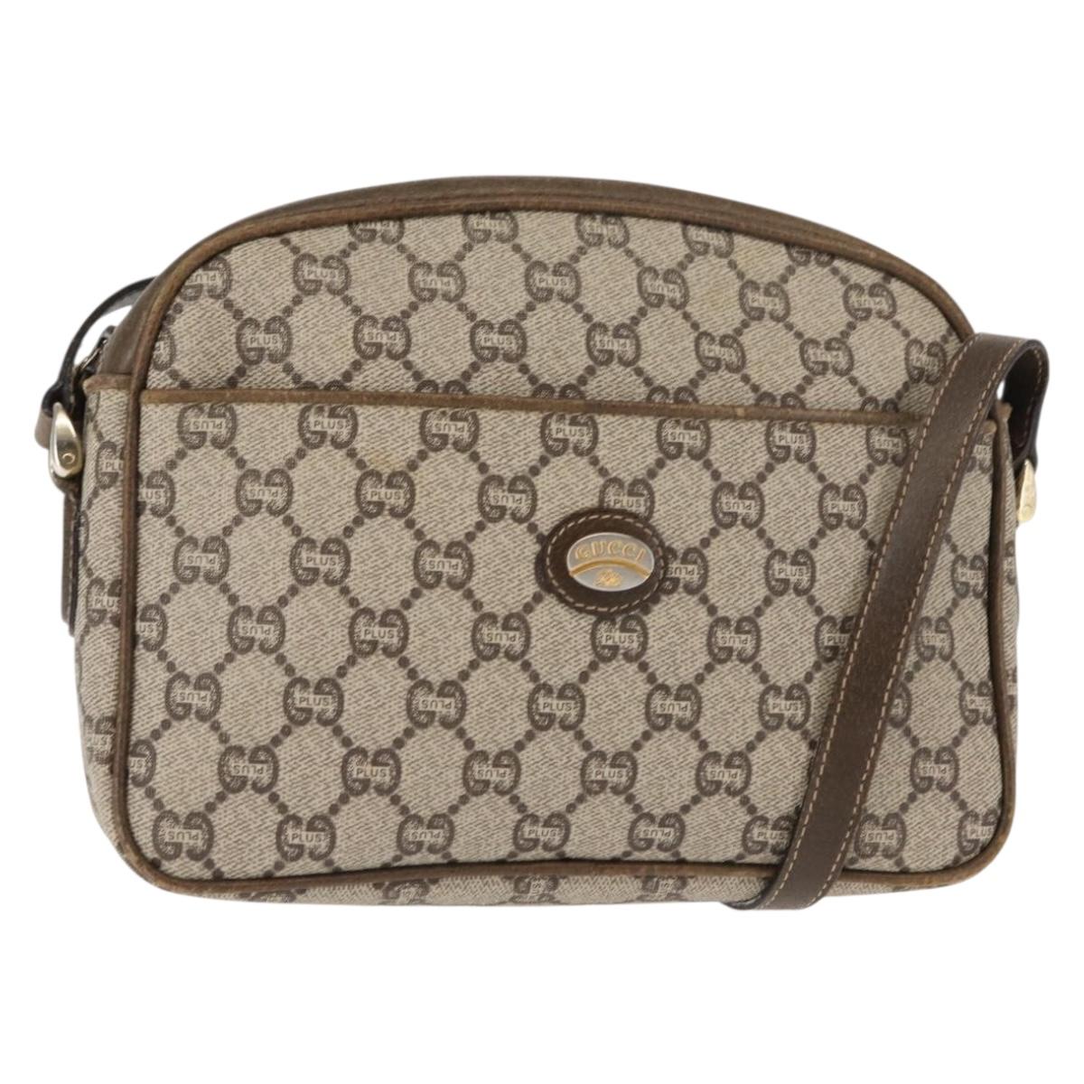 GUCCI GG PLUS Canvas Shoulder Bag PVC Leather Beige Auth BA6771