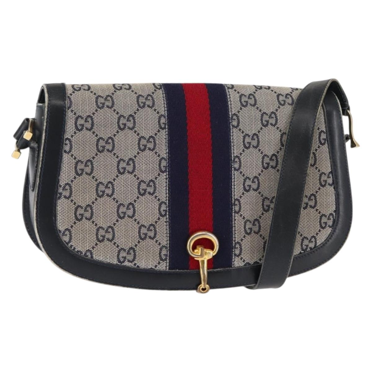 GUCCI GG Canvas Sherry Line Shoulder Bag Canvas Navy Red Auth BA6773