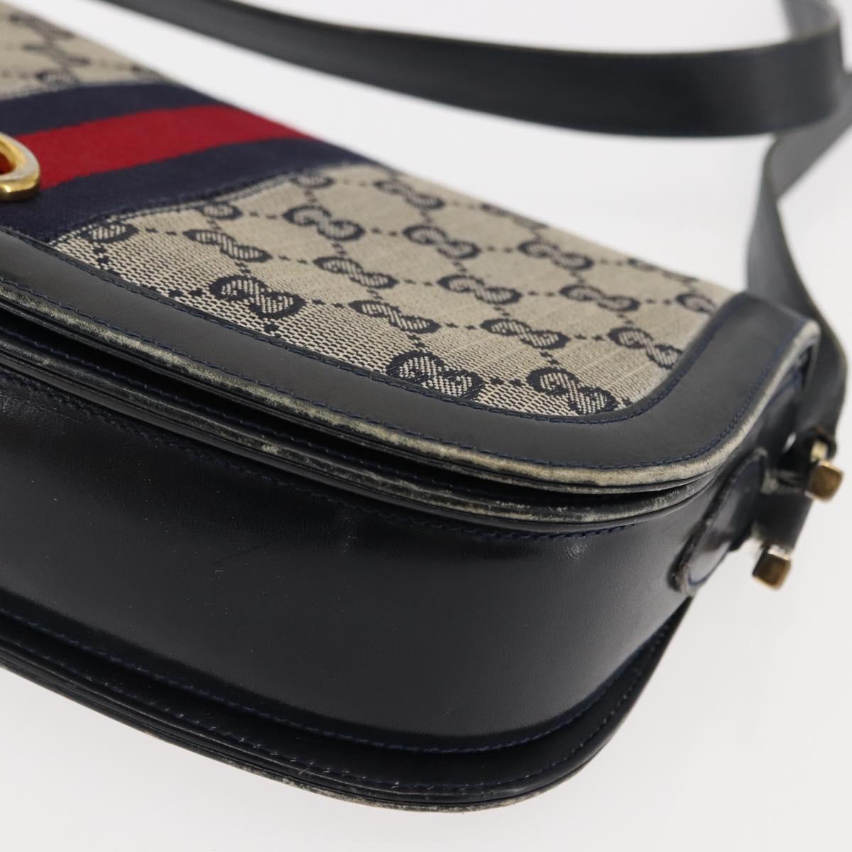 GUCCI GG Canvas Sherry Line Shoulder Bag Canvas Navy Red Auth BA6773