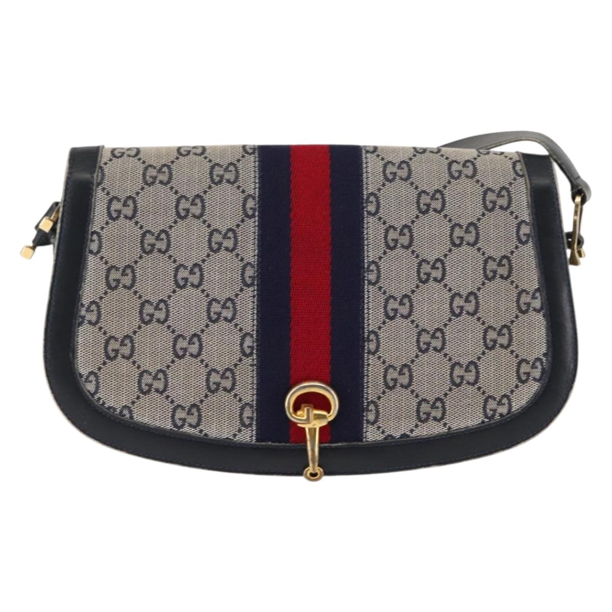 GUCCI GG Canvas Sherry Line Shoulder Bag Canvas Navy Red Auth BA6773