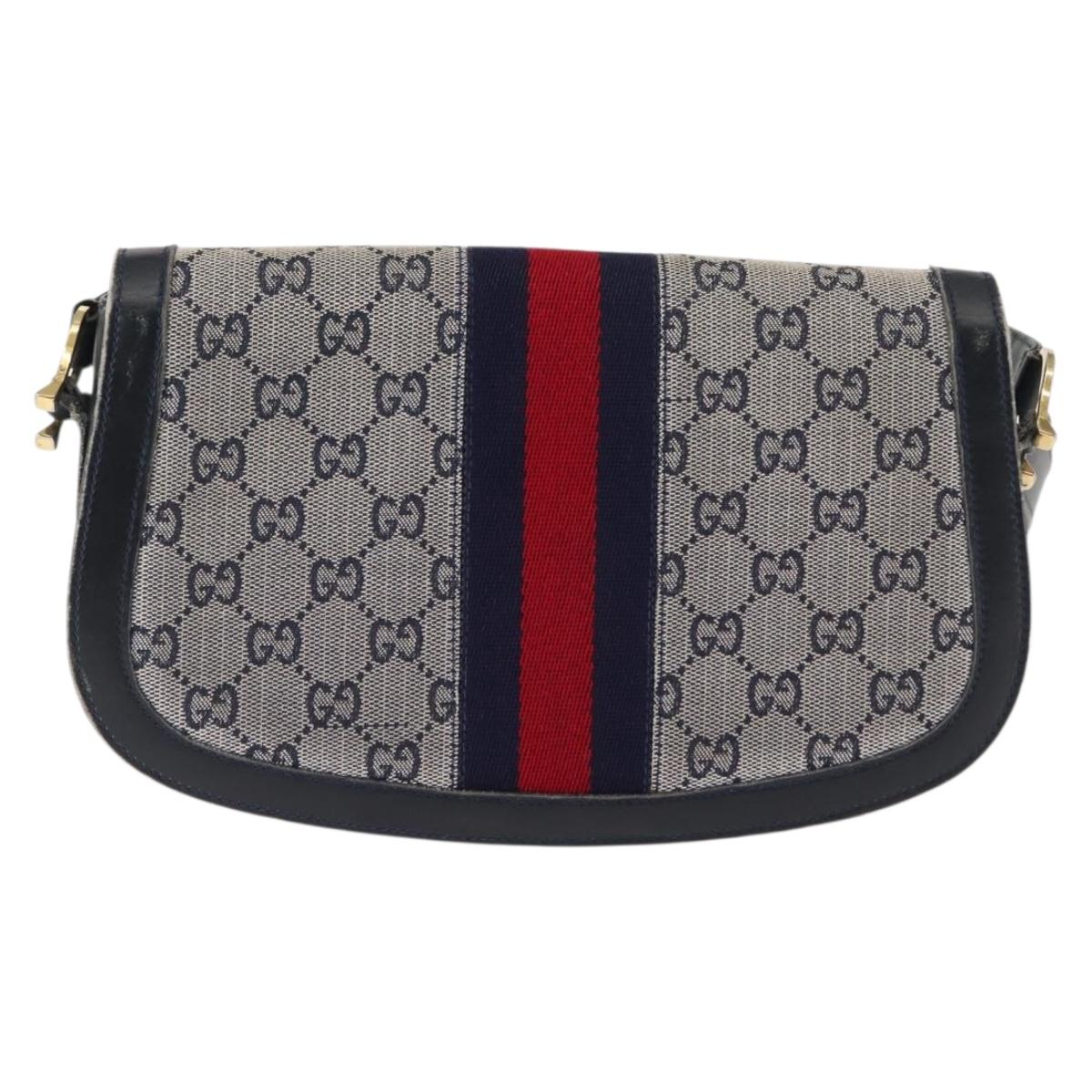 GUCCI GG Canvas Sherry Line Shoulder Bag Canvas Navy Red Auth BA6773