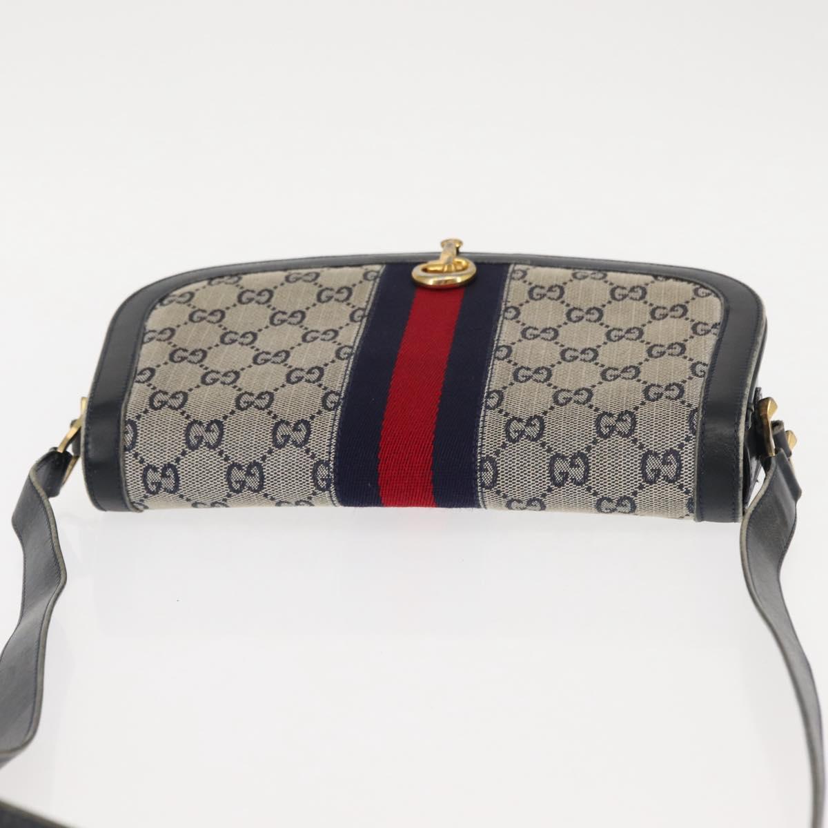 GUCCI GG Canvas Sherry Line Shoulder Bag Canvas Navy Red Auth BA6773