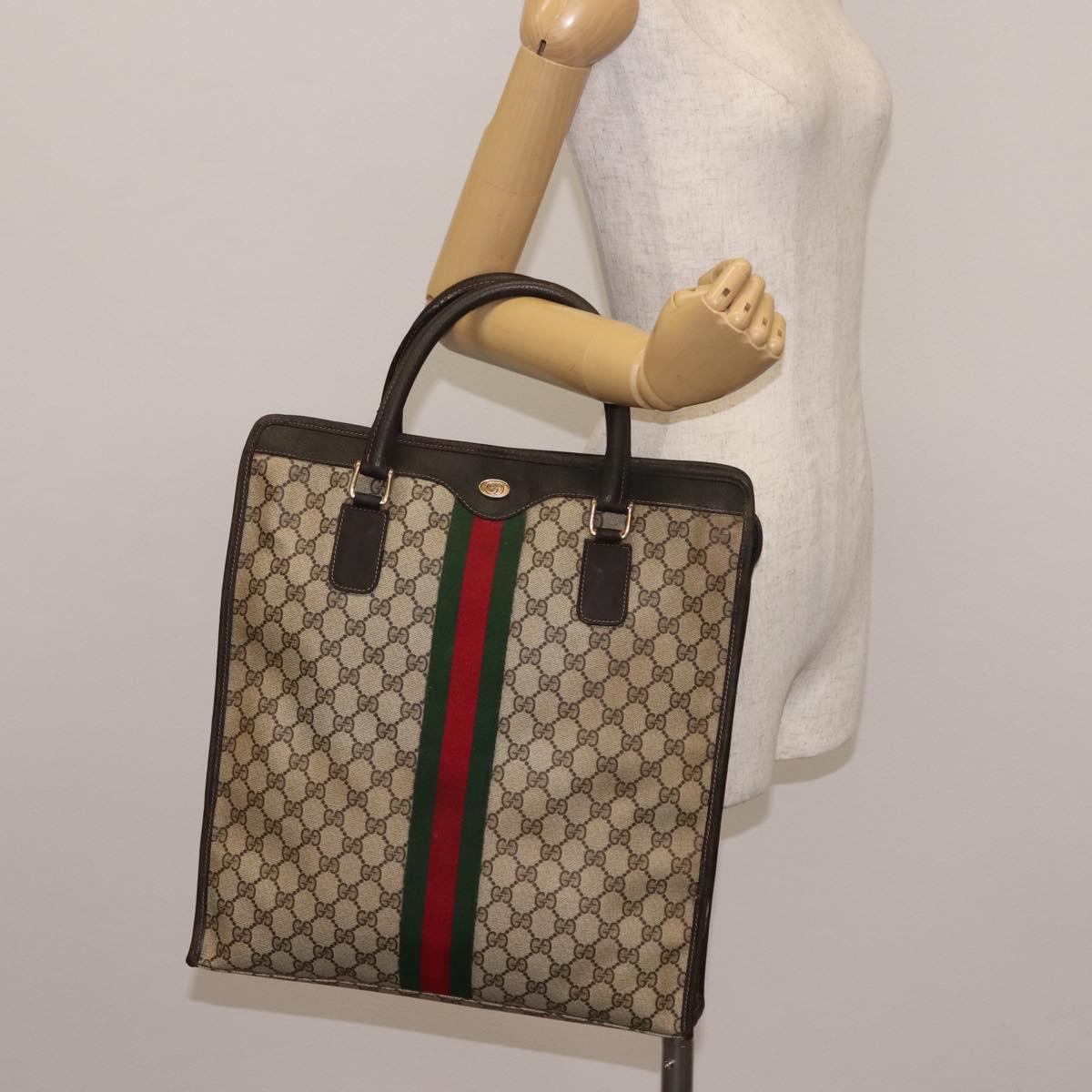 GUCCI GG Supreme Web Sherry Line Hand Bag PVC Beige Gold Auth BA6782