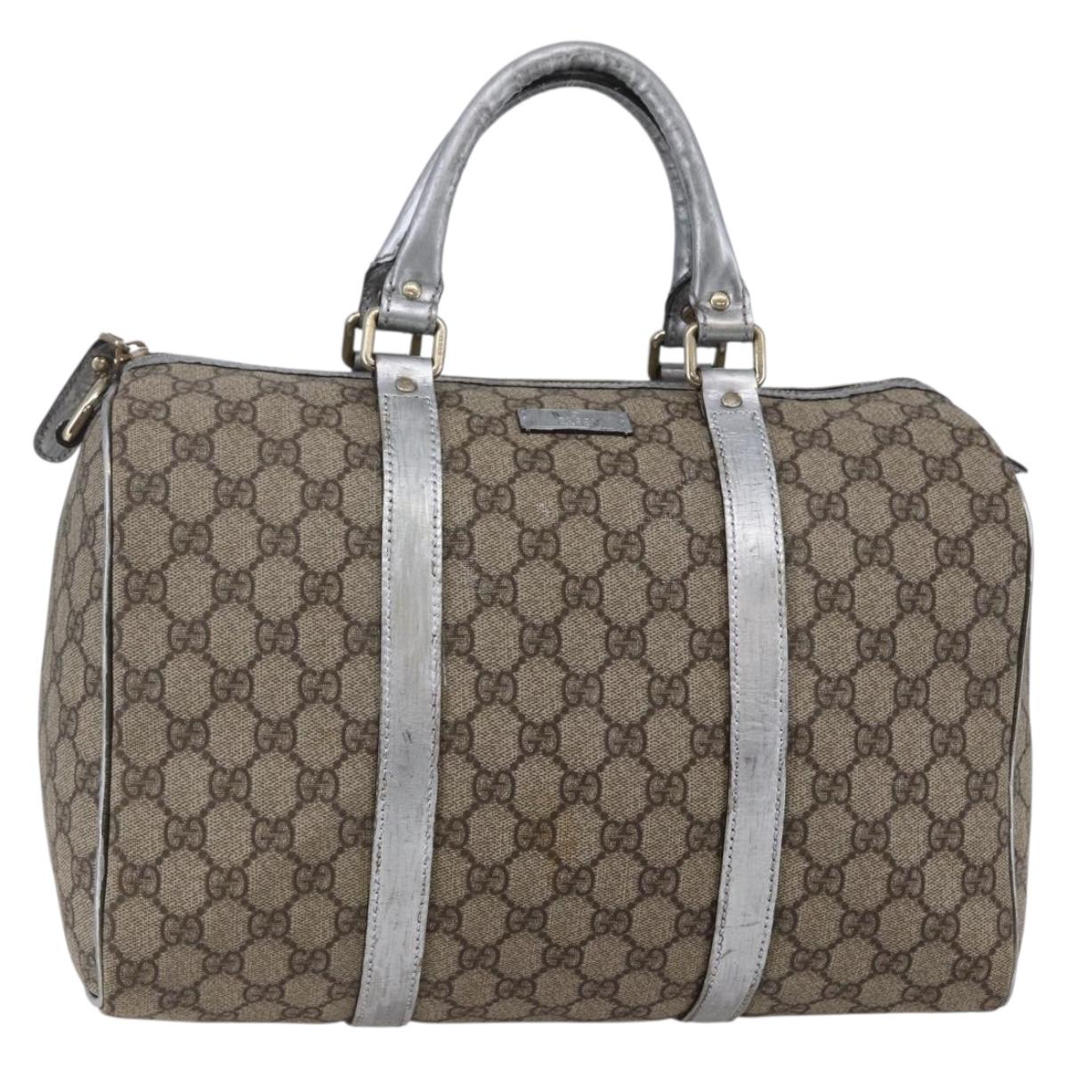 GUCCI GG Canvas Boston Bag PVC Leather Beige Silver Auth BA6788