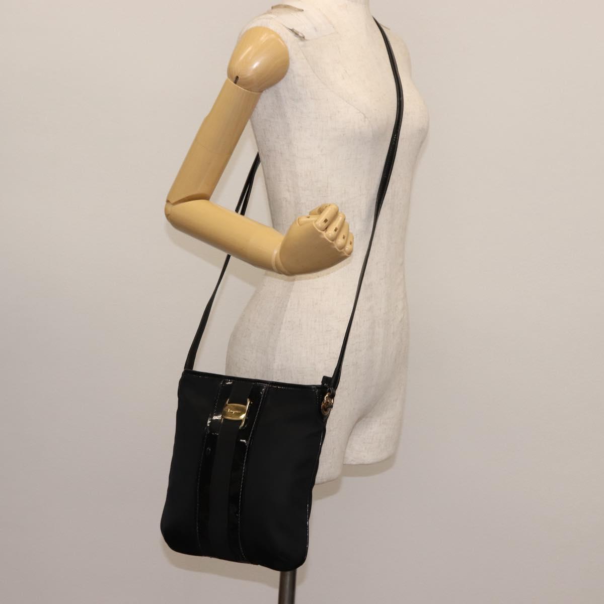 Salvatore Ferragamo Vala Shoulder Bag Nylon Enamel Black Auth BA6793
