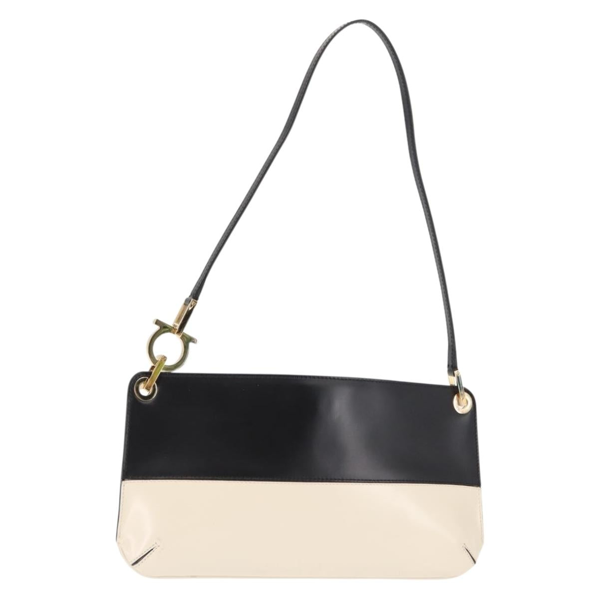 Salvatore Ferragamo Gancini Shoulder Bag Leather Black White Auth BA6797