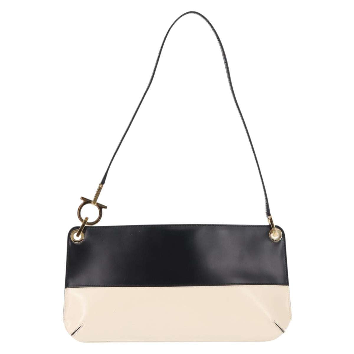 Salvatore Ferragamo Gancini Shoulder Bag Leather Black White Auth BA6797
