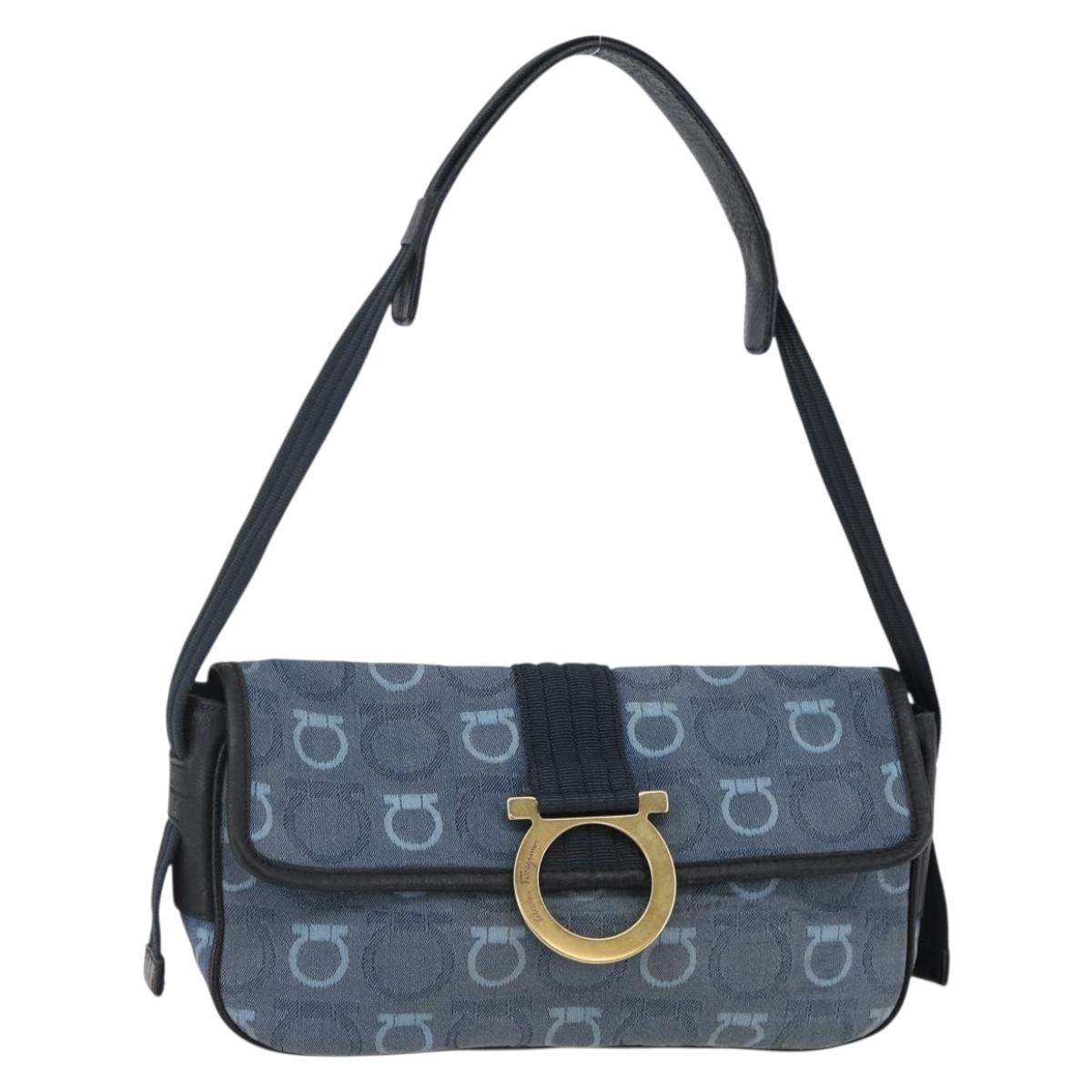 Salvatore Ferragamo Gancini Shoulder Bag Canvas Blue Auth BA6804