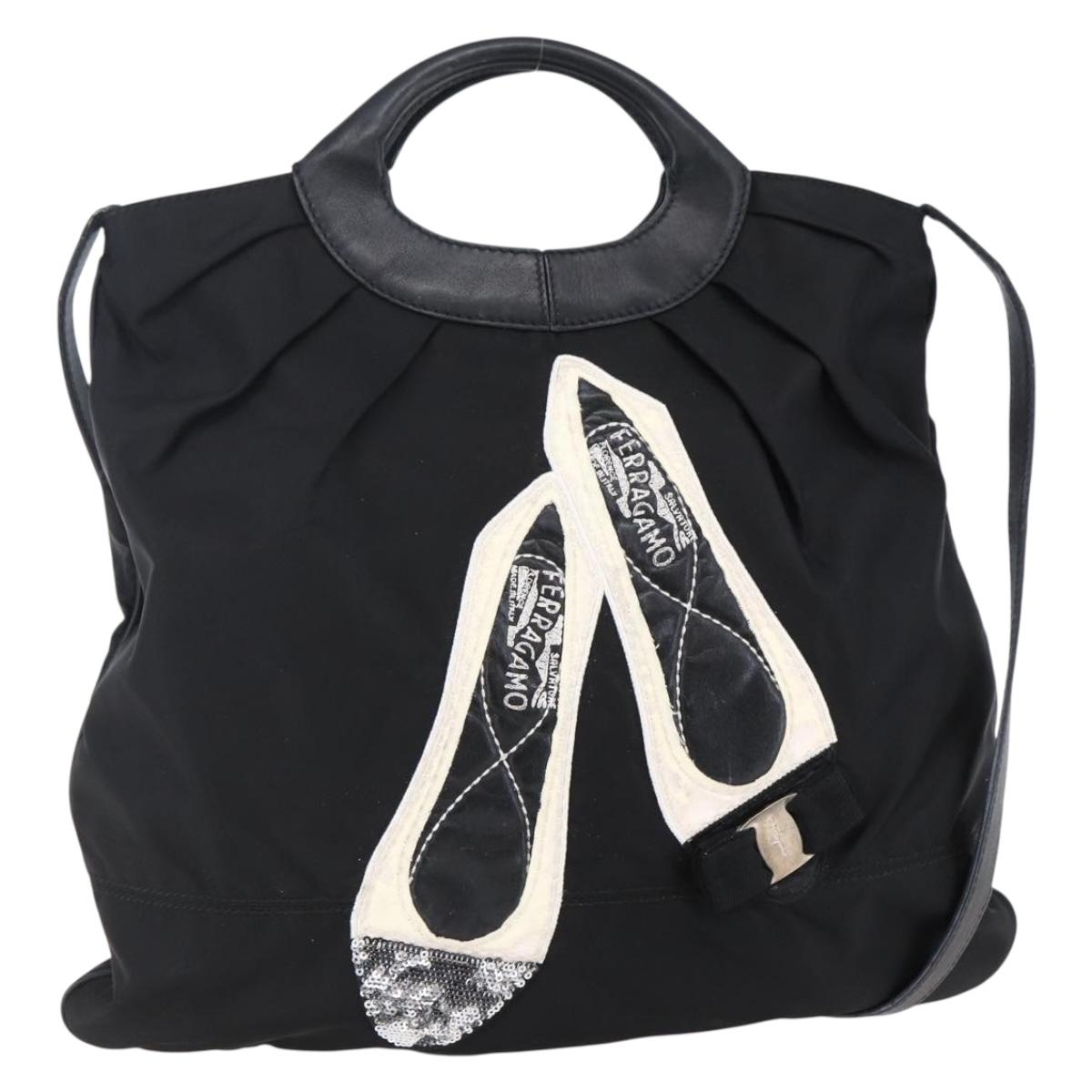 Salvatore Ferragamo Vala Hand Bag Nylon Leather 2way Black Silver Auth BA6809