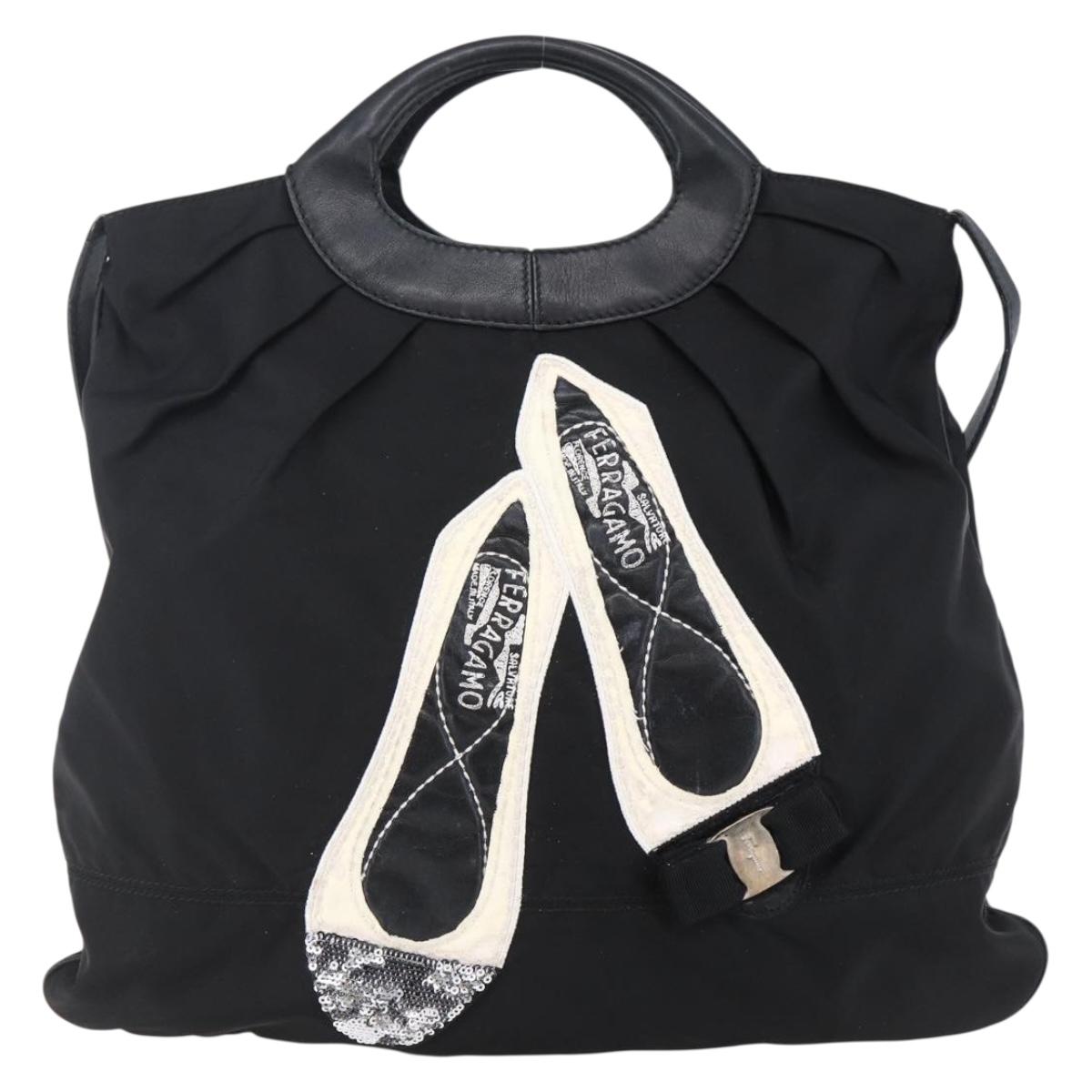 Salvatore Ferragamo Vala Hand Bag Nylon Leather 2way Black Silver Auth BA6809