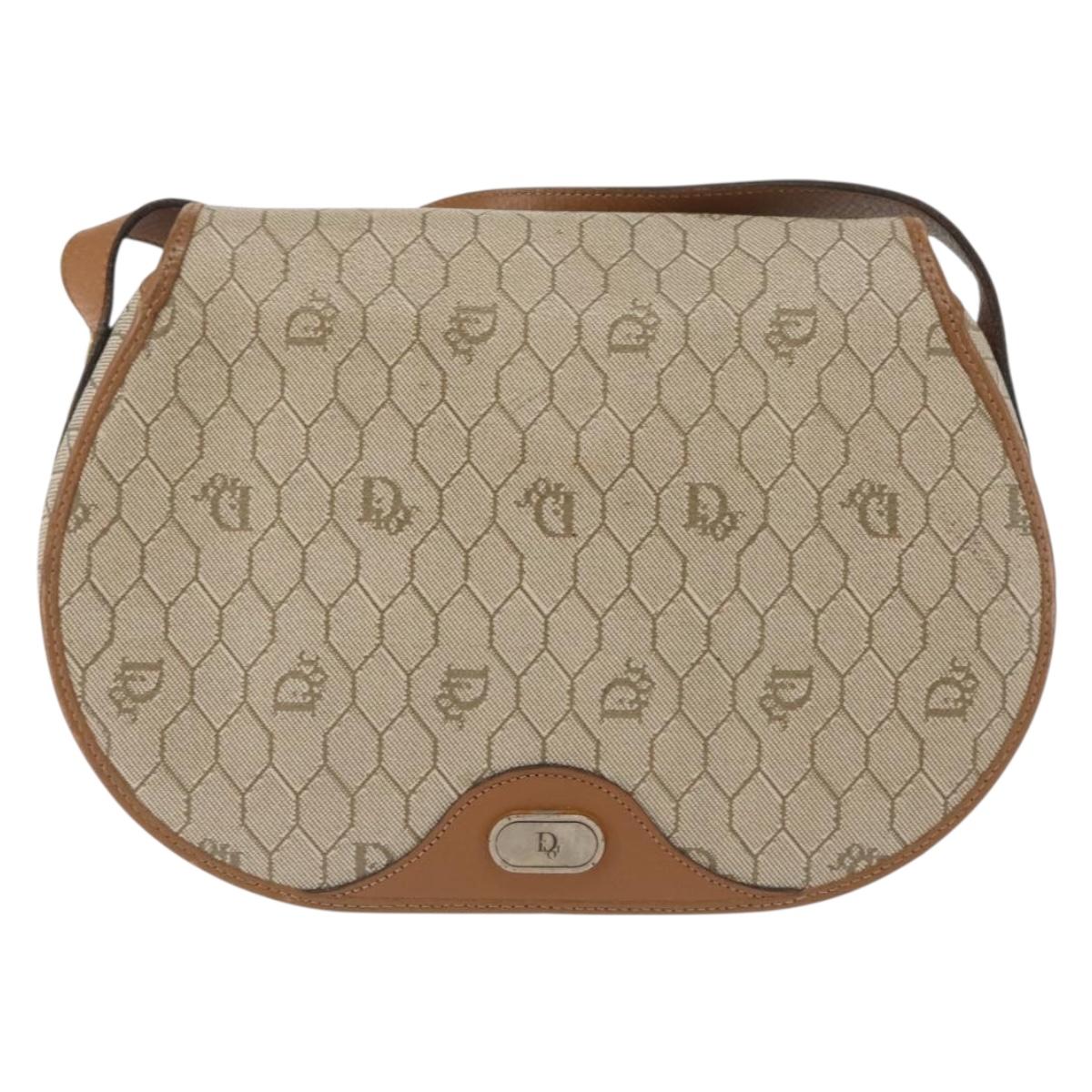 Christian Dior Honeycomb Canvas Shoulder Bag PVC Leather Beige Auth BA6818