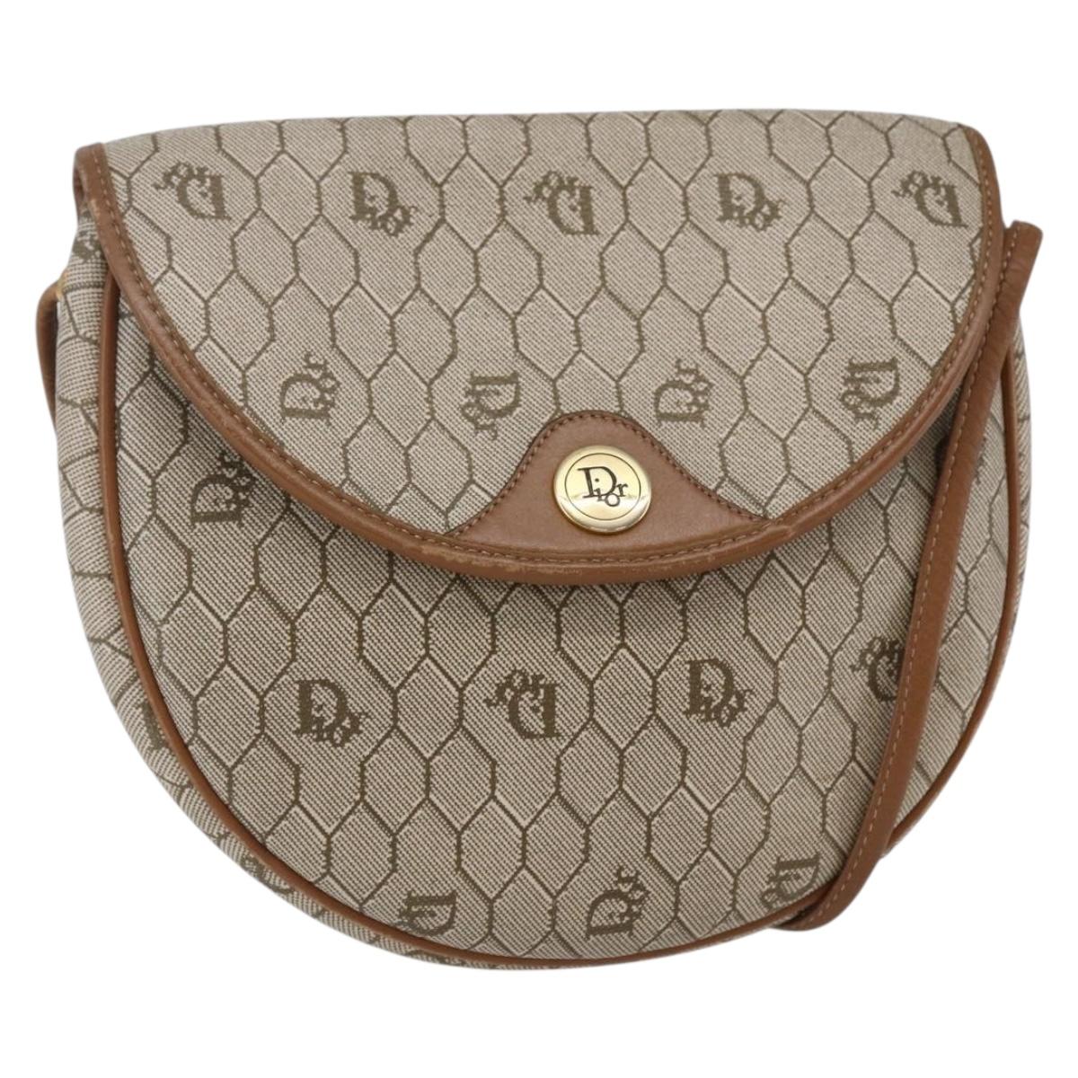 Christian Dior Honeycomb Canvas Shoulder Bag PVC Leather Beige Auth BA6819