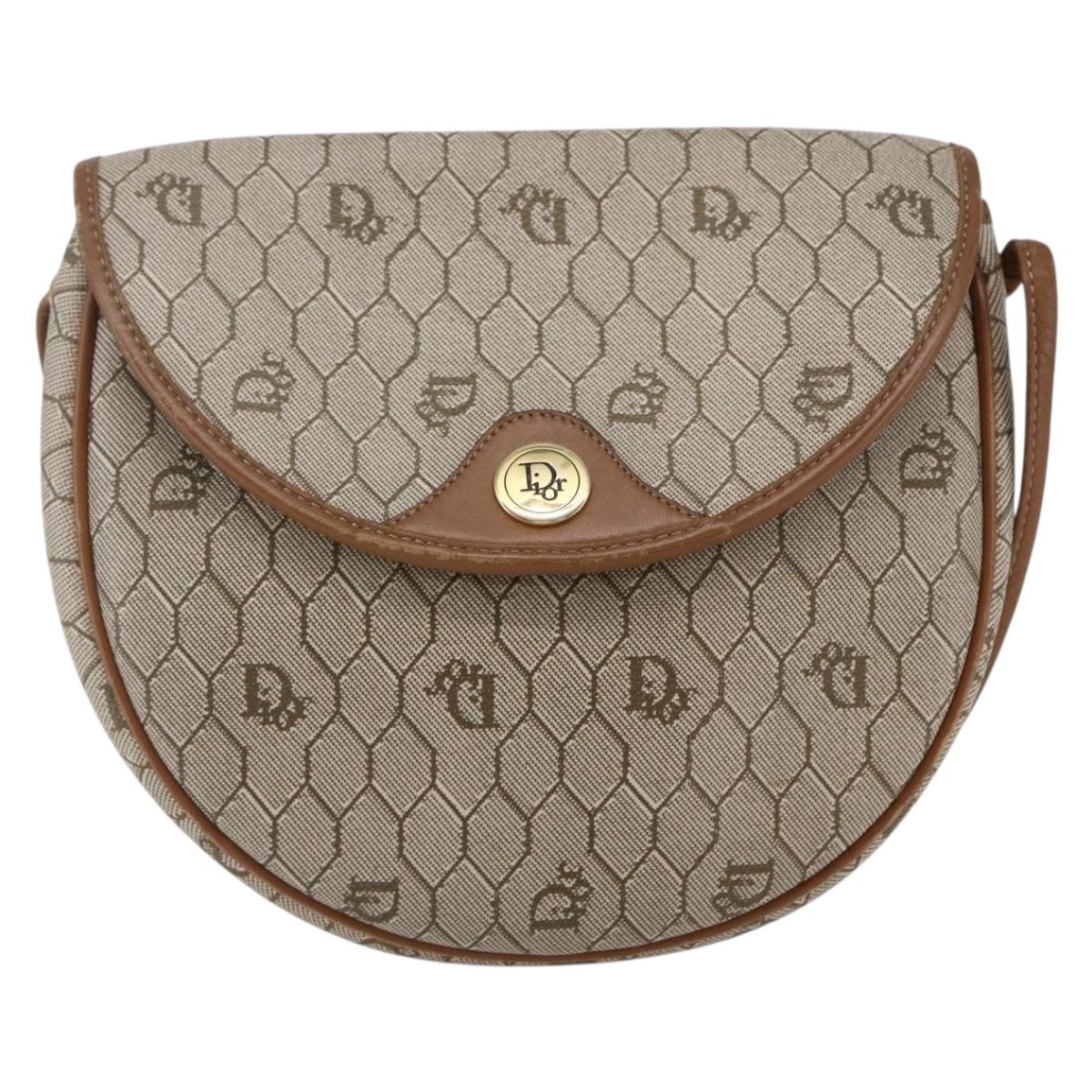 Christian Dior Honeycomb Canvas Shoulder Bag PVC Leather Beige Auth BA6819