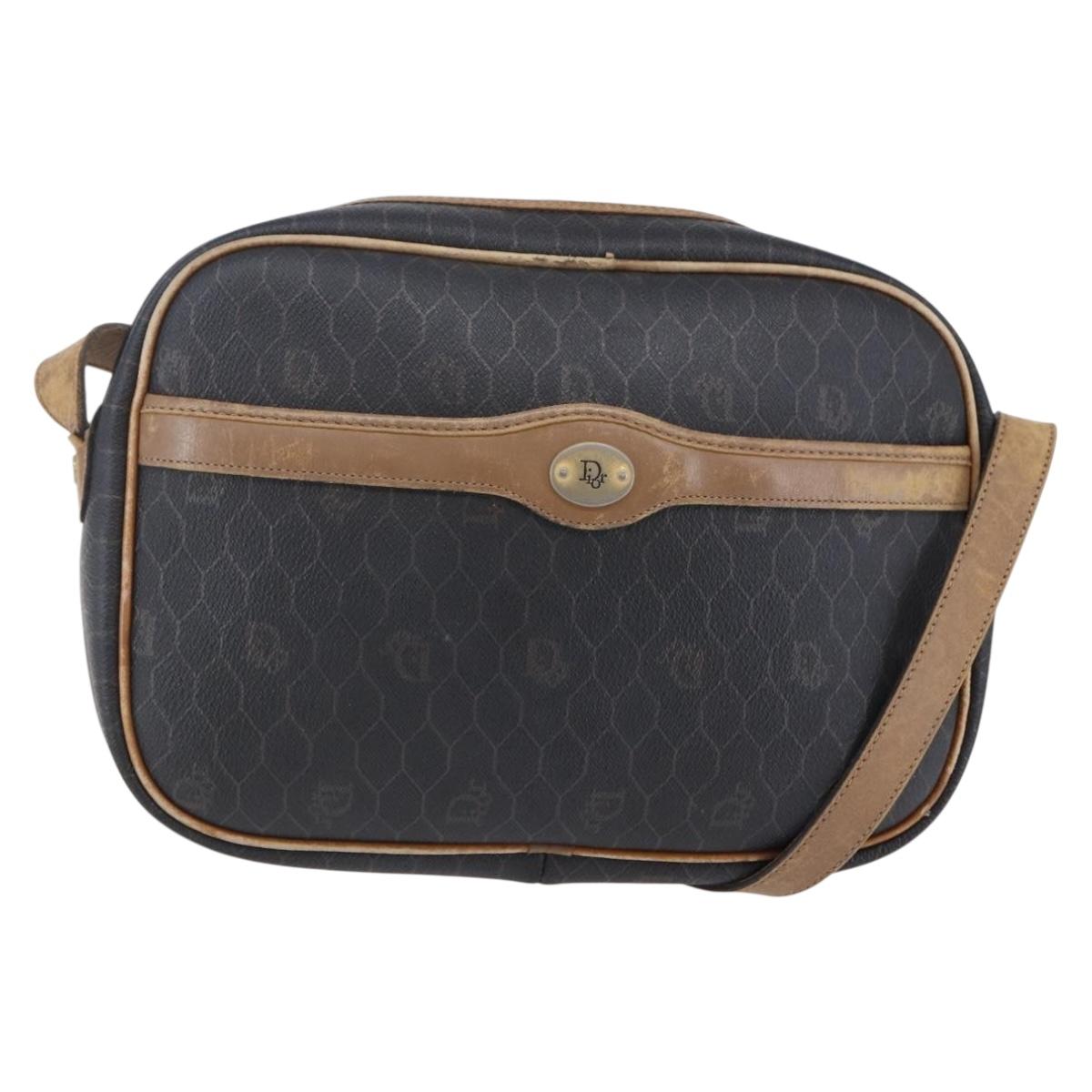 Christian Dior Honeycomb Canvas Shoulder Bag PVC Leather Black Auth BA6821